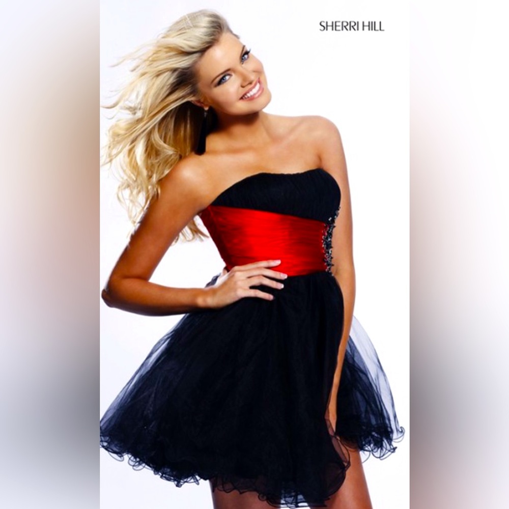 NWT SHERRI HILL 1002 Black/Fuchsia Strapless Mini Tulle Dress Sz12